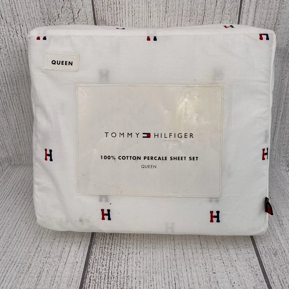 Tommy Hilfiger Sheet Set Queen White Varsity H Logo Percale Cotton Preppy Decor